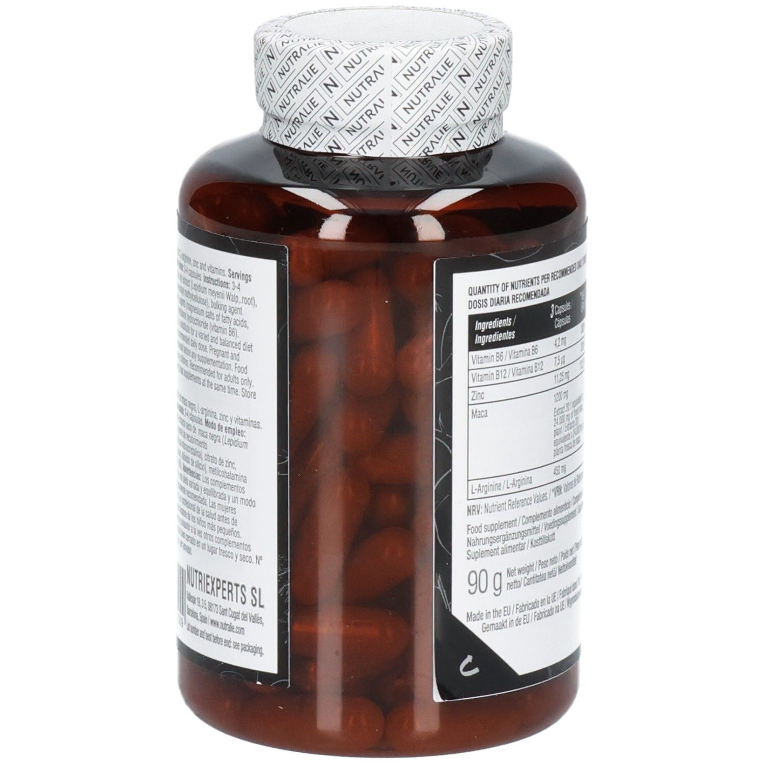 Nutralie Black Maca Complex : Vue latérale du flacon, rempli de gélules.