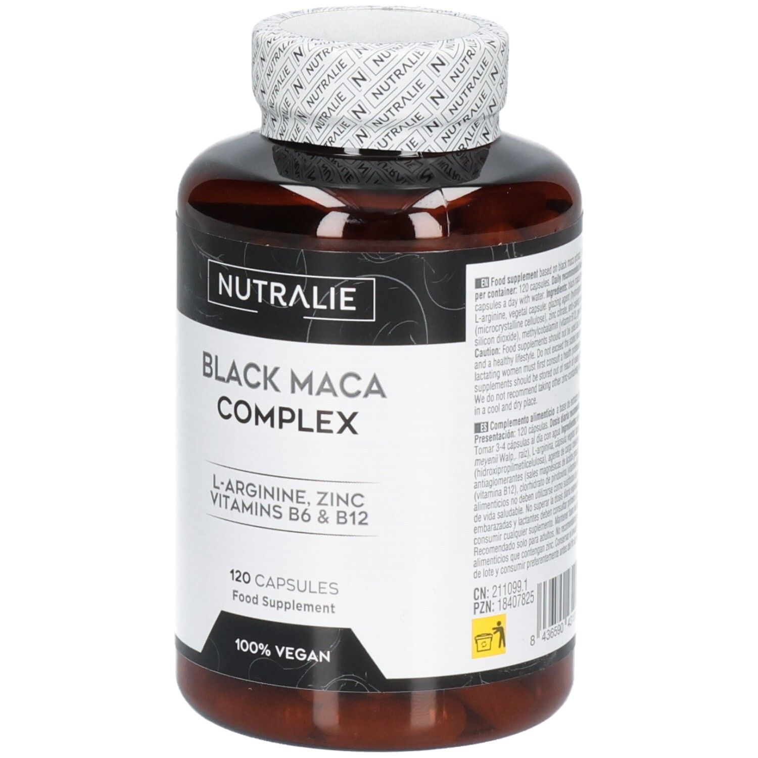 Nutralie Black Maca Complex : Flacon de 120 gélules, végan. Contient L-Arginine, Zinc, Vitamines B6 & B12.