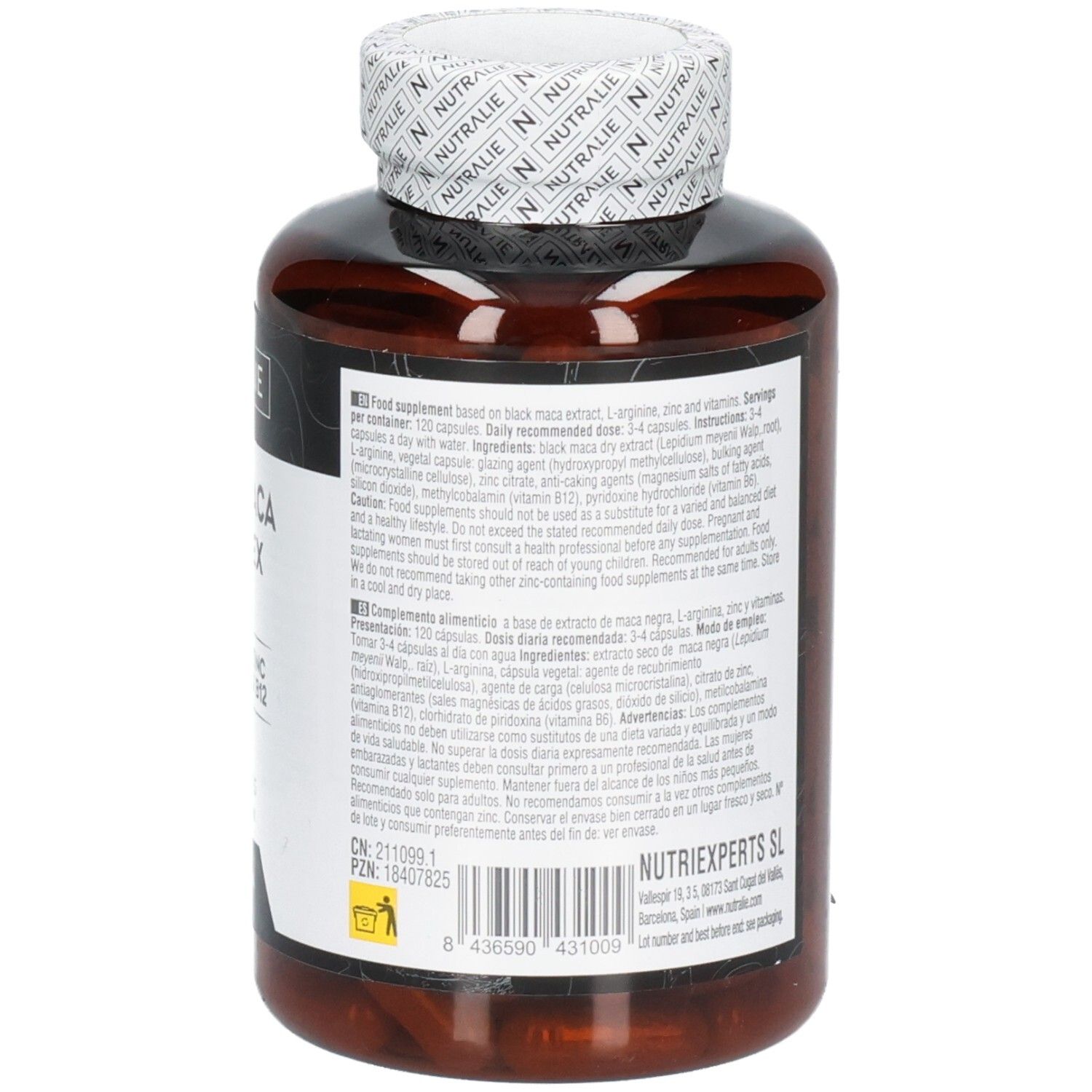 Nutralie Black Maca Complex : Avant du flacon avec informations produit et sceau végan.