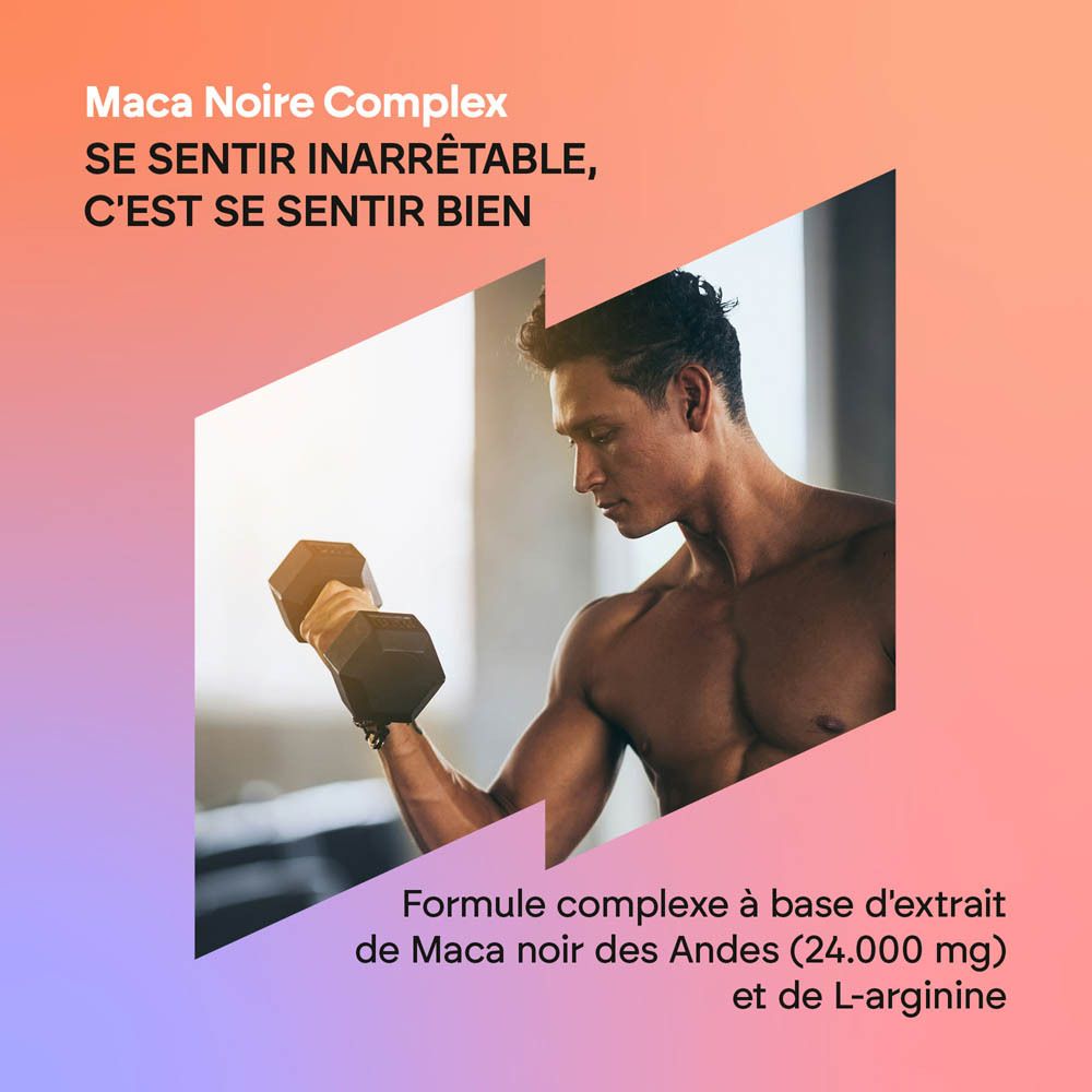 Homme soulevant une haltère. "Maca Noire Complex : Se sentir inarrêtable, c'est se sentir bien". Formule complexe à base d'extrait de Maca noire et L-arginine.