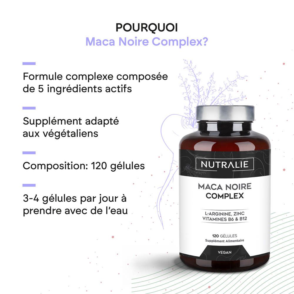 Nutralie Maca Noire Complex : Flacon, formule complexe, 120 gélules, adapté aux végétaliens.