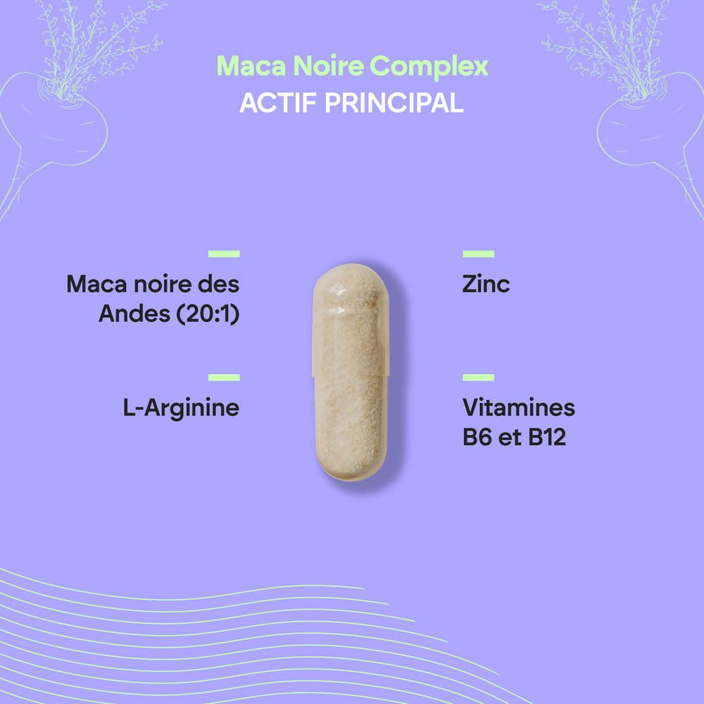 Nutralie Maca Noire Complex : Une gélule avec ses ingrédients : Maca noire, L-Arginine, Zinc, Vitamines B6 et B12.