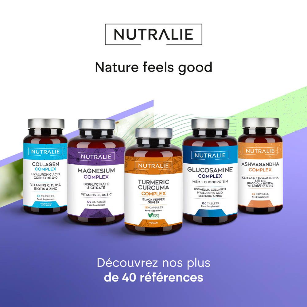 Gamme Nutralie : 5 flacons de compléments alimentaires, dont Maca Noire Complex.