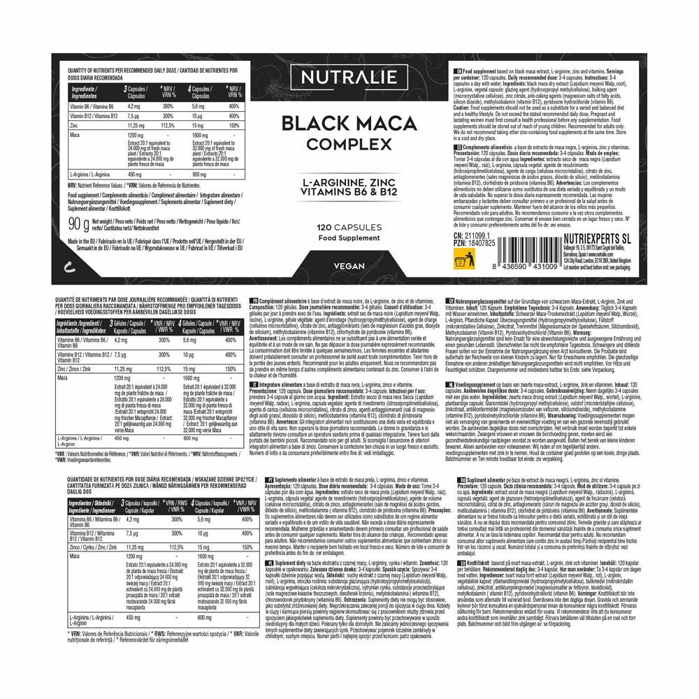 Nutralie Black Maca Complex : Arrière du flacon avec informations nutritionnelles et ingrédients.