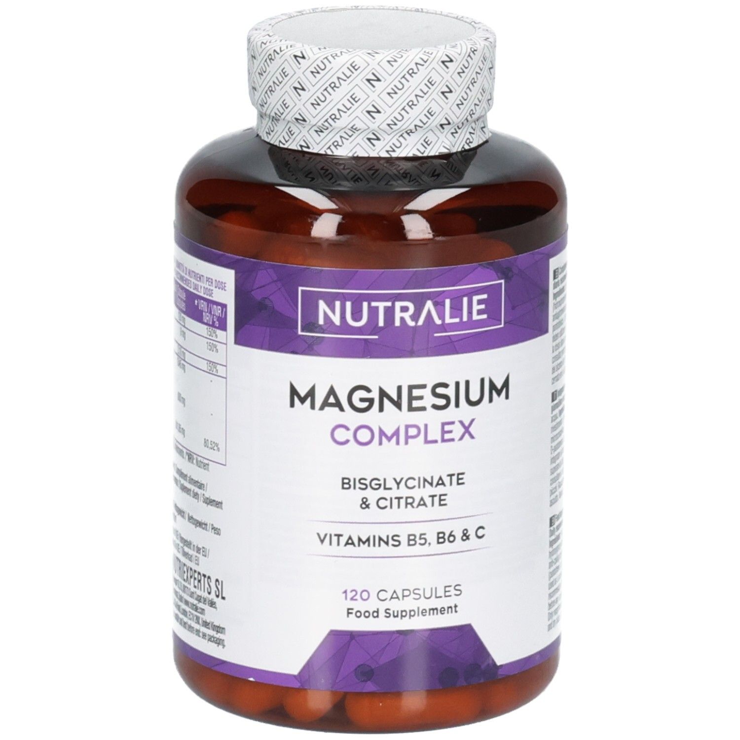 Nutralie Magnesium Complex Gélules: Flacon brun de 120 gélules. Contient du bisglycinate & citrate de magnésium, vitamines B5, B6 & C.