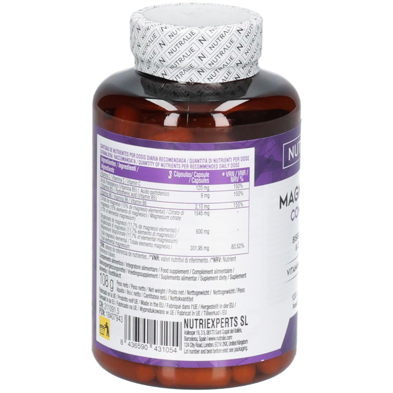 Arrière du flacon Nutralie Magnesium Complex Gélules avec informations nutritionnelles et ingrédients.