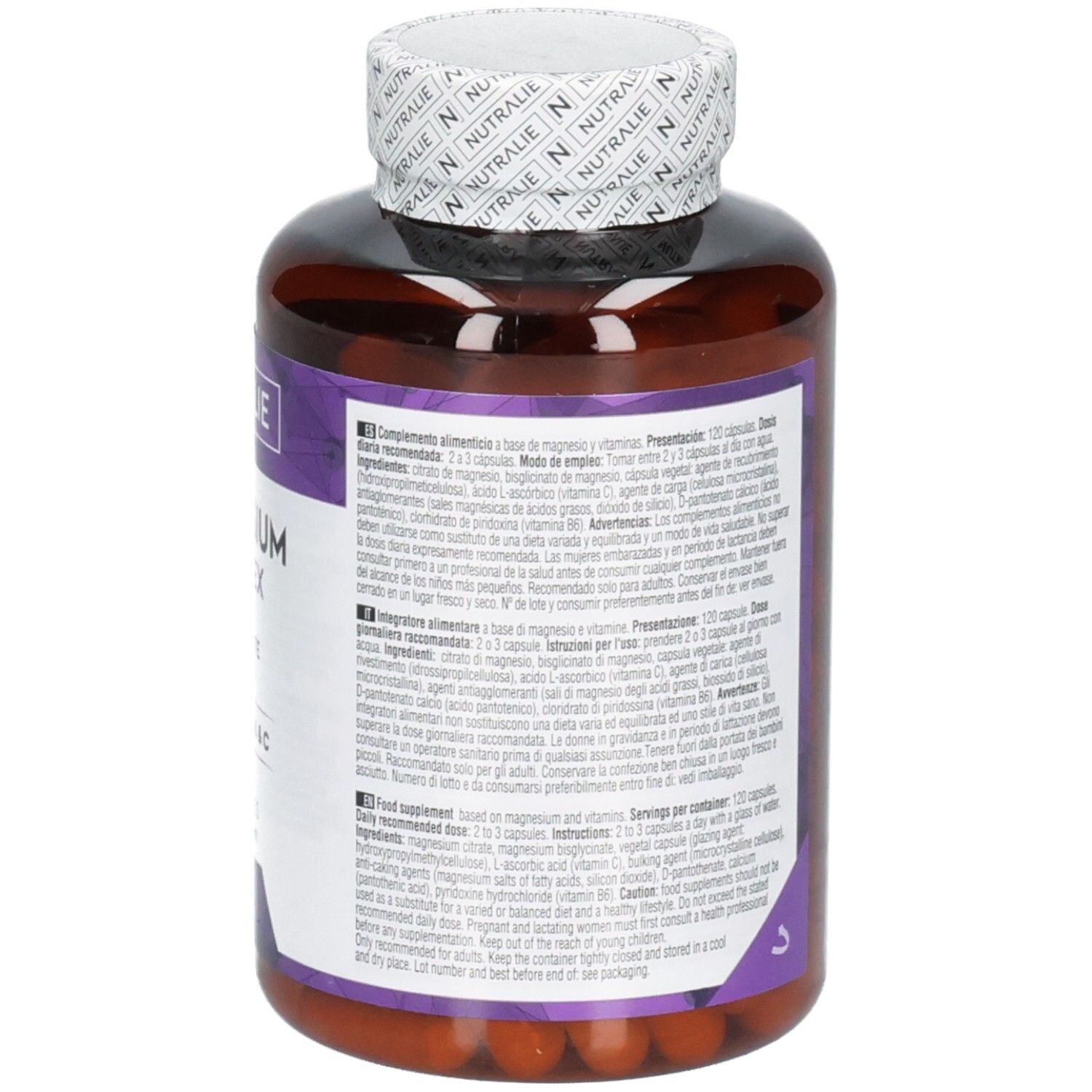 Arrière du flacon Nutralie Magnesium Complex Gélules avec informations détaillées en plusieurs langues.