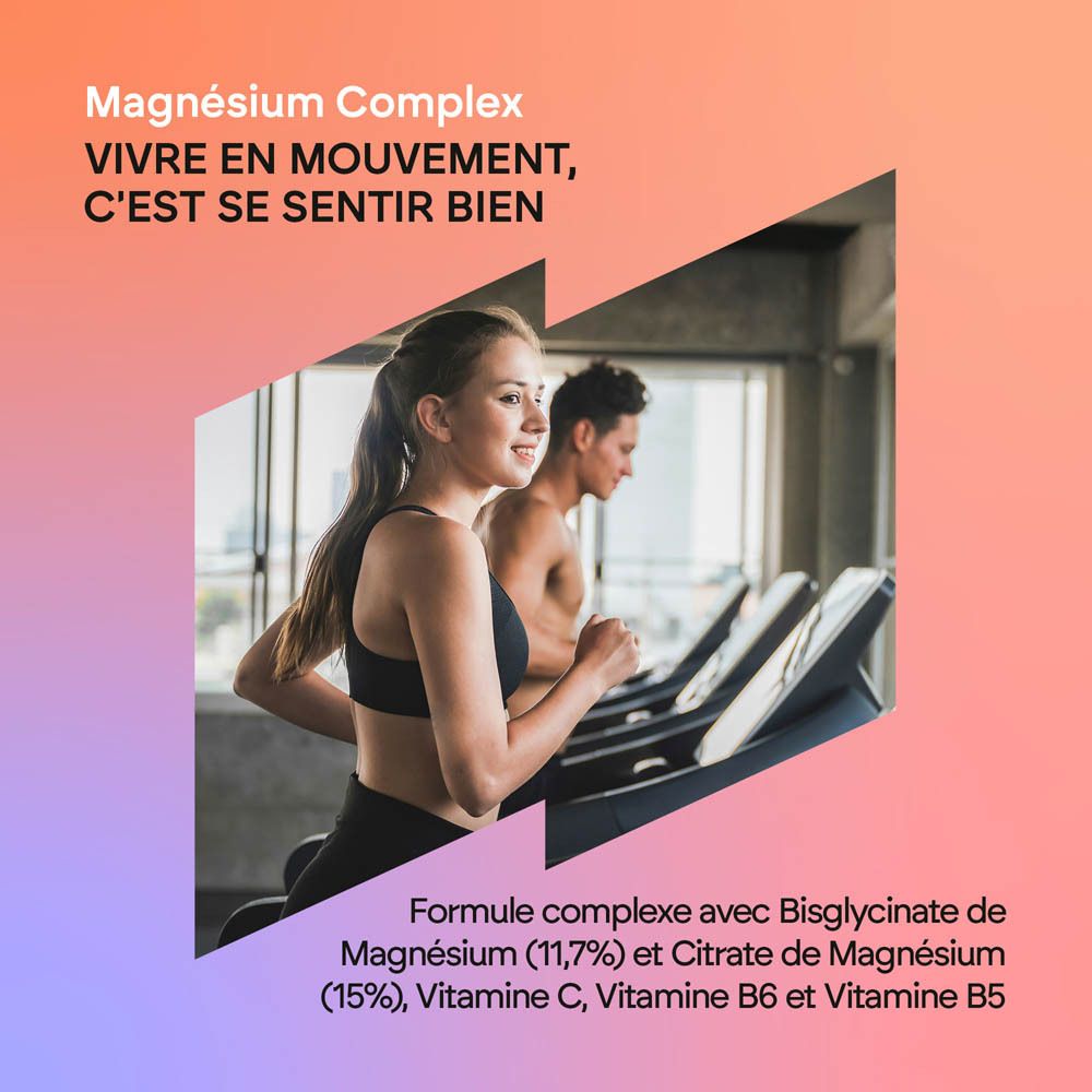 Nutralie Magnesium Complex: Homme et femme courant sur des tapis roulants dans une salle de sport. Texte : 'Magnésium Complex vivre en mouvement, c'est se sentir bien'.