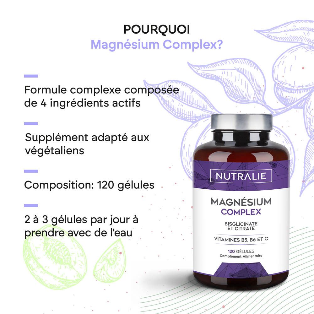 Nutralie Magnesium Complex: Infographie avec textes sur les avantages et la composition du produit. Flacon à côté.