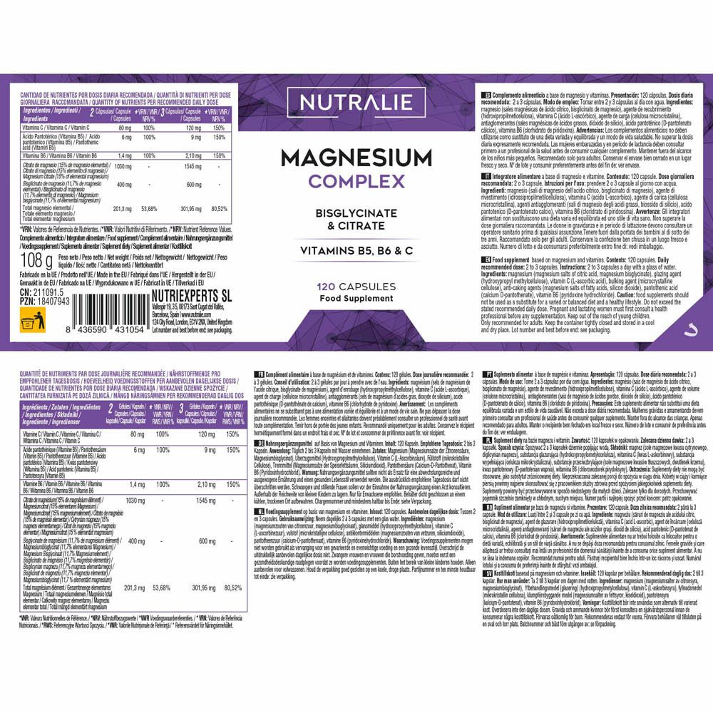 Nutralie Magnesium Complex Gélules: Flacon brun de 120 gélules. Contient du bisglycinate & citrate de magnésium, vitamines B5, B6 & C.