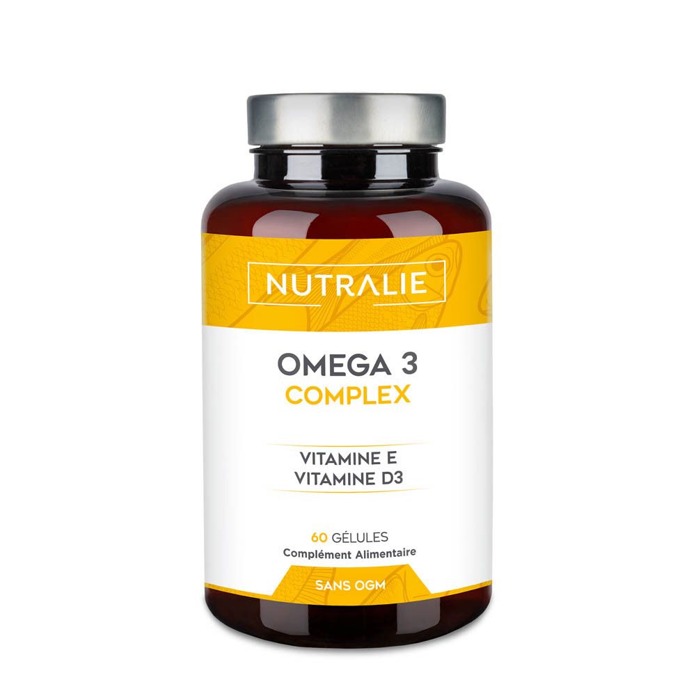 Bouteille Nutralie Omega 3 Complex, 60 gélules, français.