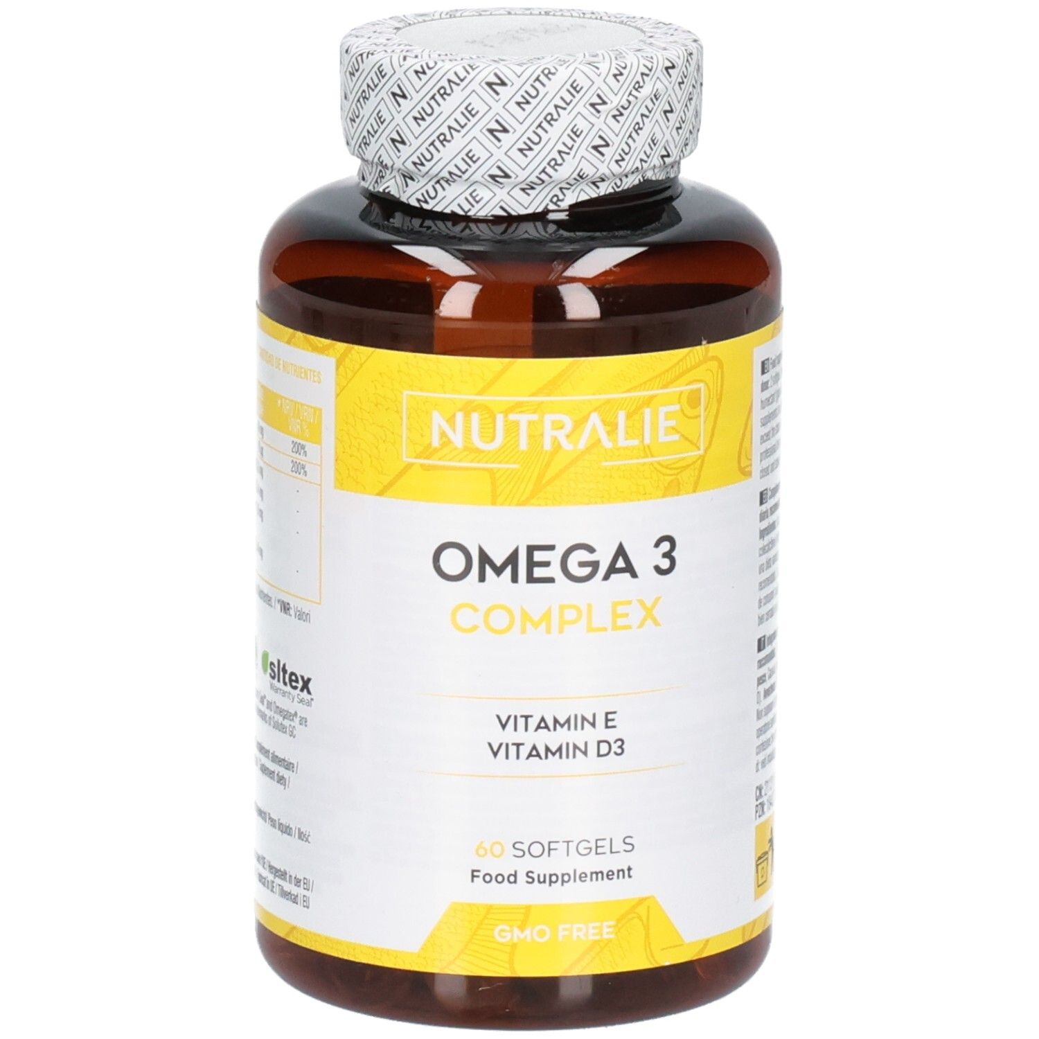 Bouteille ambrée de Nutralie Omega 3 Complex, 60 softgels.