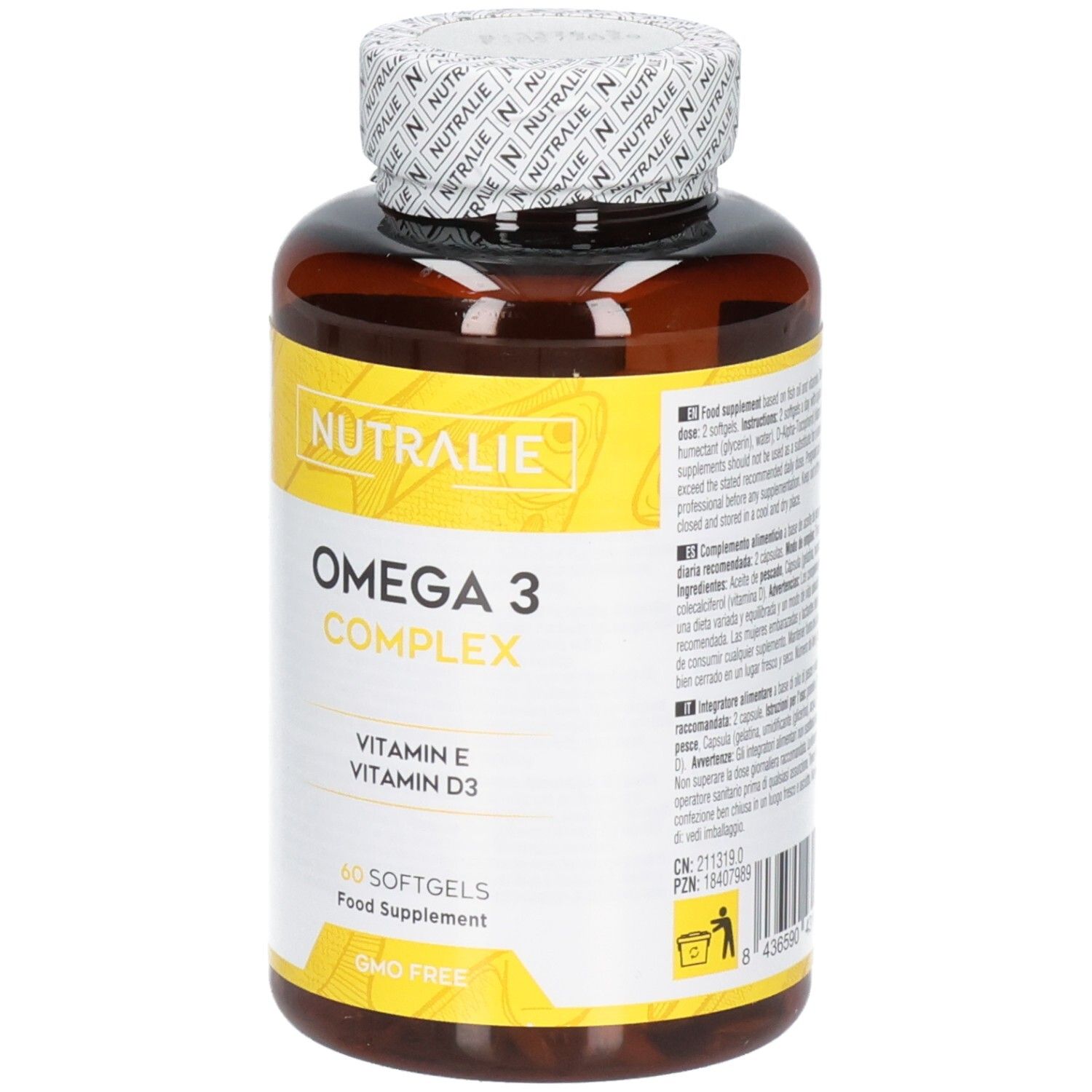 Avant d'une bouteille Nutralie Omega 3 Complex, 60 softgels, sans OGM.
