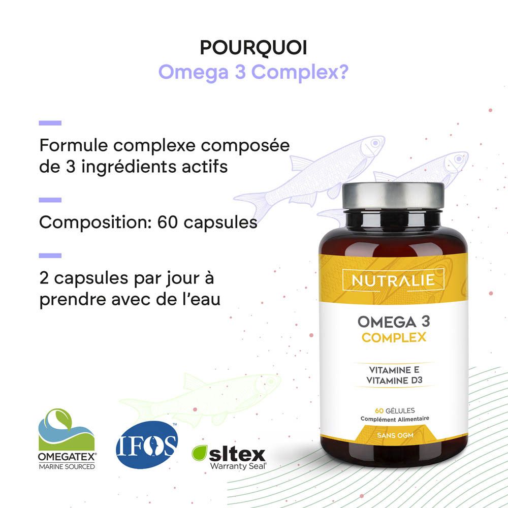 Vue latérale de la bouteille Nutralie Omega 3 Complex, étiquetage français.