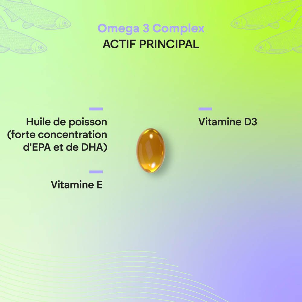 Arrière de la bouteille Nutralie Omega 3 Complex, informations en français.