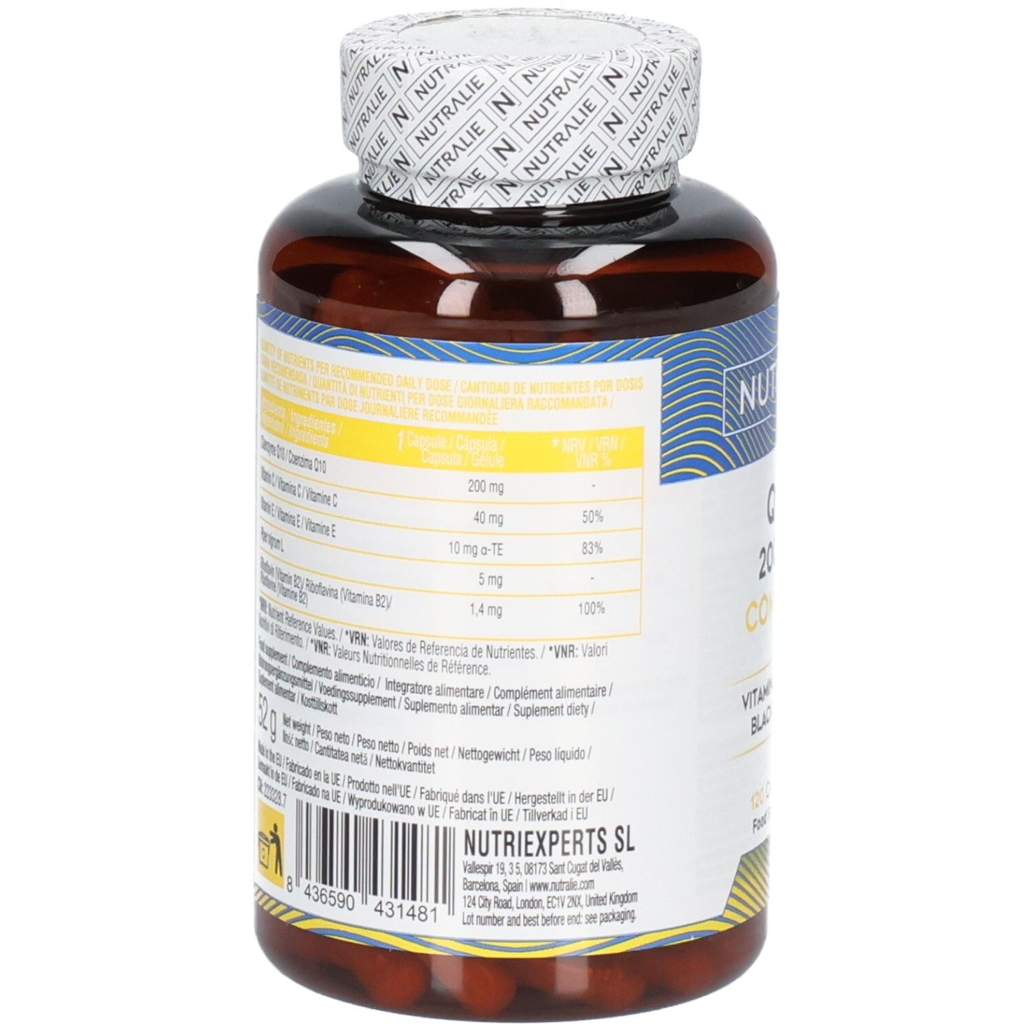 Dos Nutralie Q10 Complex 200mg, 120 gélules, informations nutritionnelles.