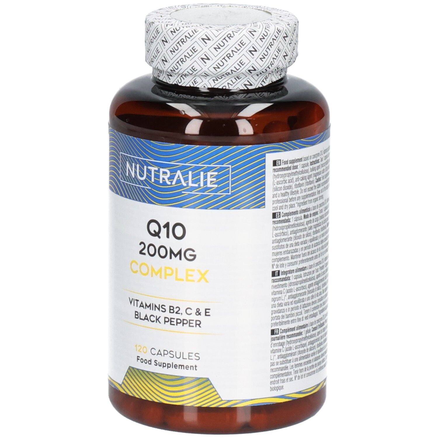 Face avant Nutralie Q10 Complex 200mg, 120 gélules, Vitamines B2, C, E.
