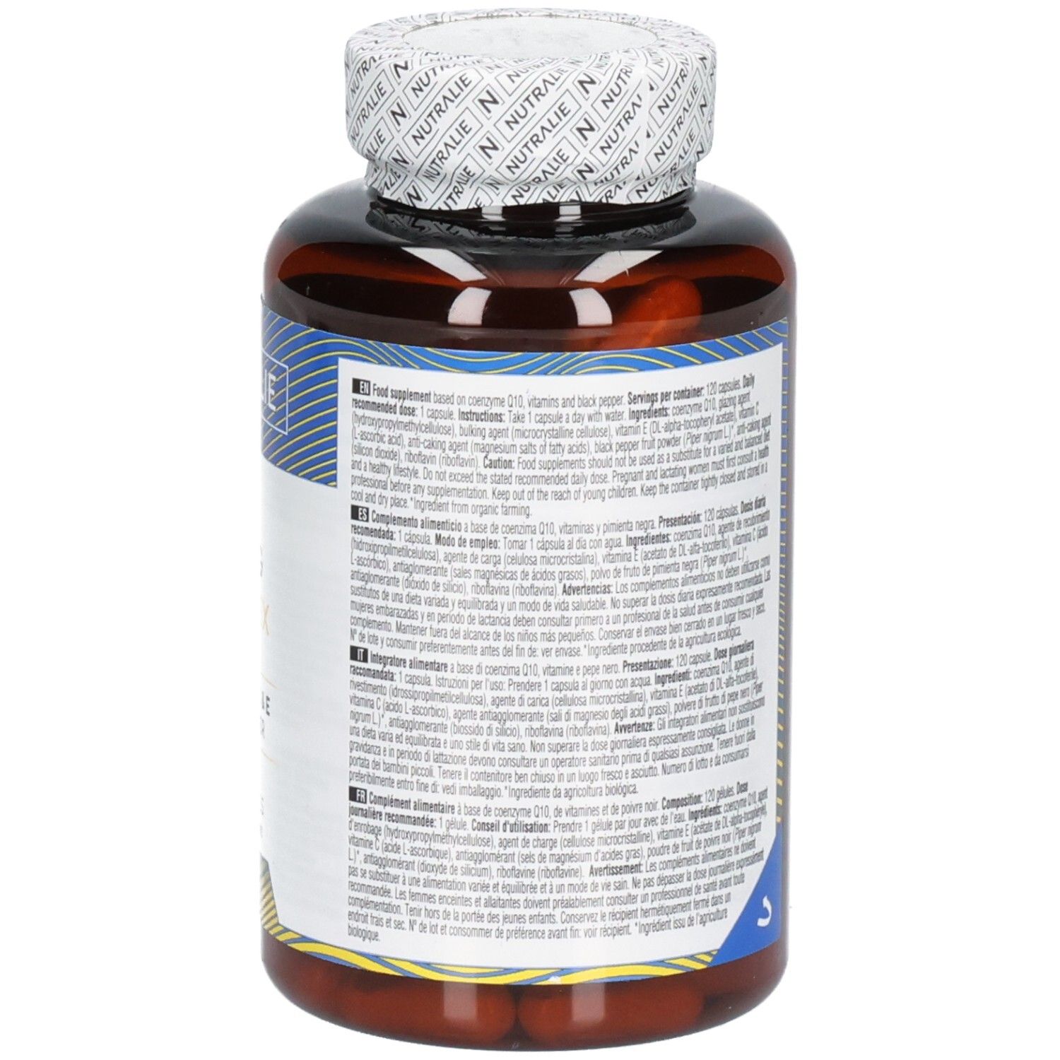Dos Nutralie Q10 Complex 200mg, 120 gélules, instructions d'utilisation.