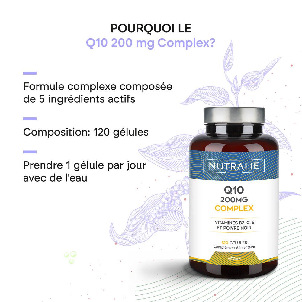 Bouteille Nutralie Q10 Complex 200mg, 120 gélules, "Pourquoi le Q10 200 mg Complex?".