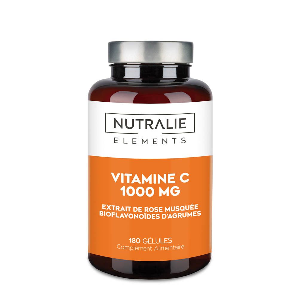 Bouteille Nutralie Vitamine C 1000 mg de 180 gélules, avec extrait de cynorhodon et bioflavonoïdes d'agrumes.
