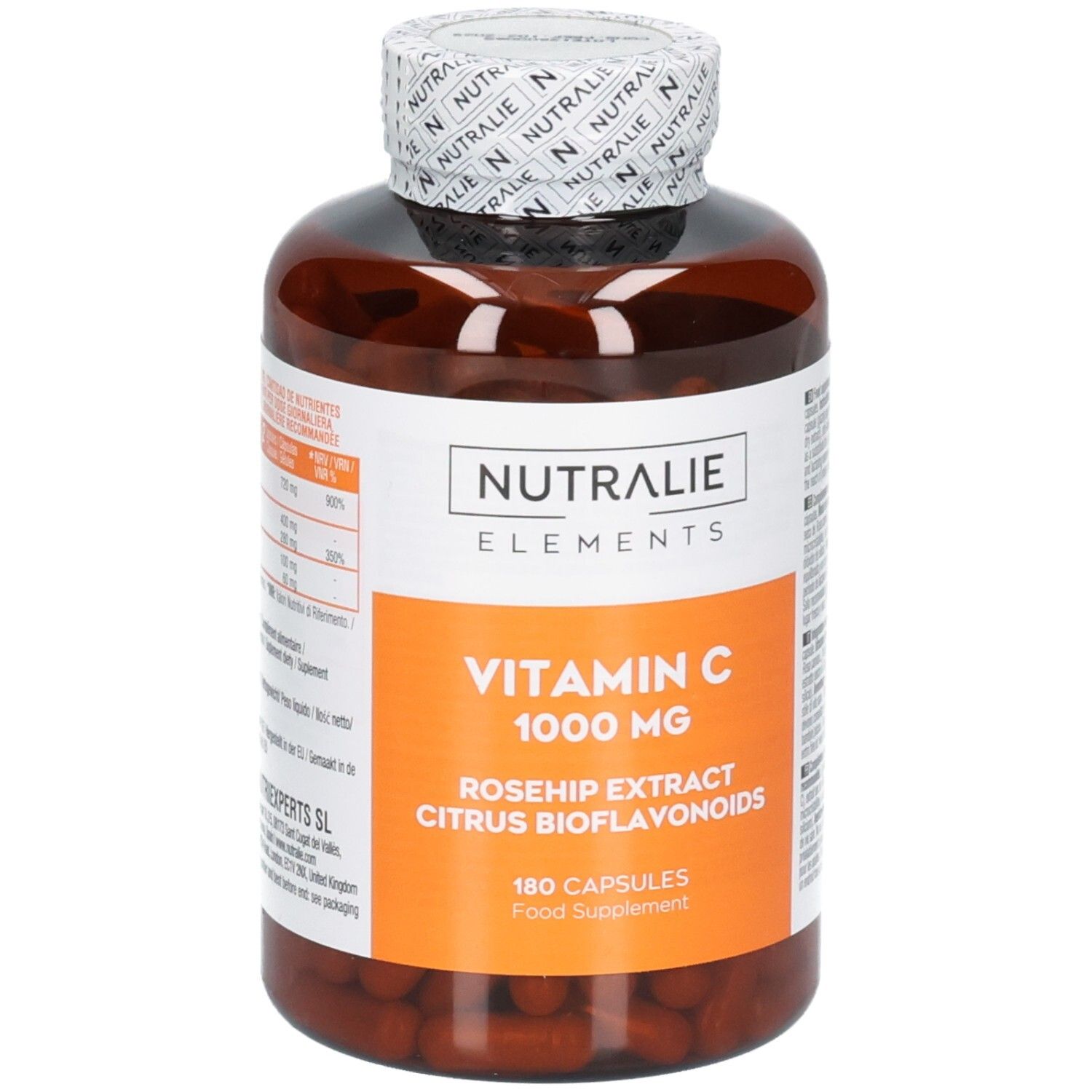 Bouteille Nutralie Vitamine C 1000 mg de 180 gélules, avec extrait de cynorhodon et bioflavonoïdes d'agrumes.