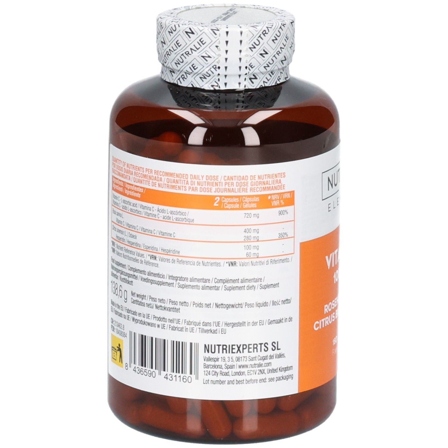 Arrière d'une bouteille Nutralie Vitamine C 1000 mg avec informations nutritionnelles et ingrédients.