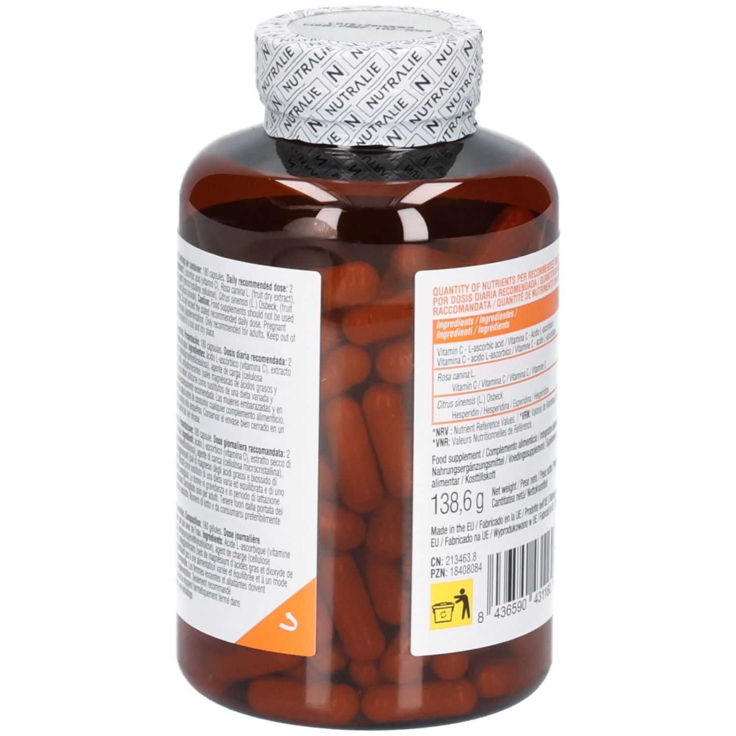 Vue latérale d'une bouteille Nutralie Vitamine C 1000 mg avec des informations détaillées sur l'étiquette.