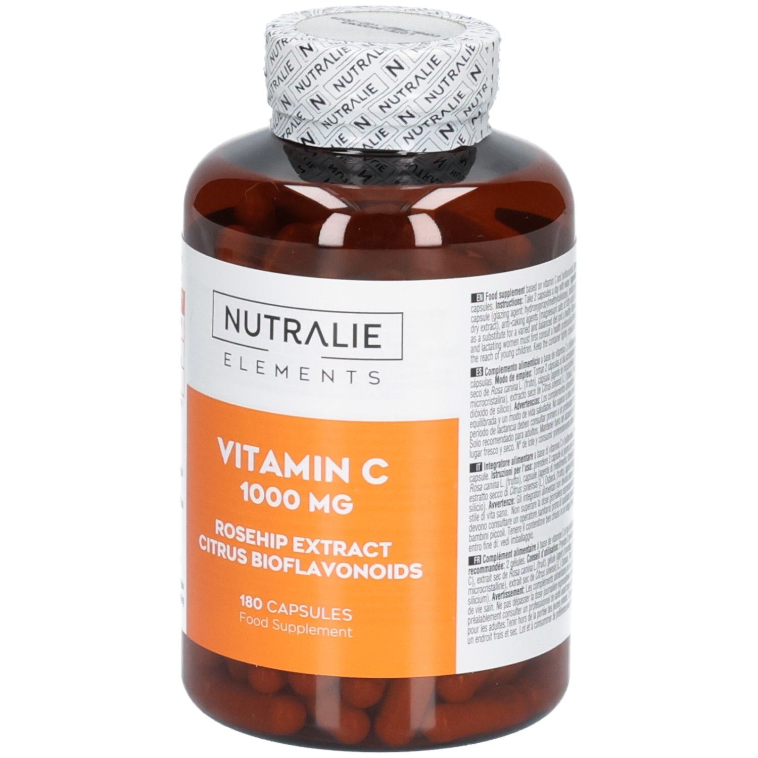 Bouteille Nutralie Vitamine C 1000 mg de 180 gélules, extrait de cynorhodon et bioflavonoïdes d'agrumes.