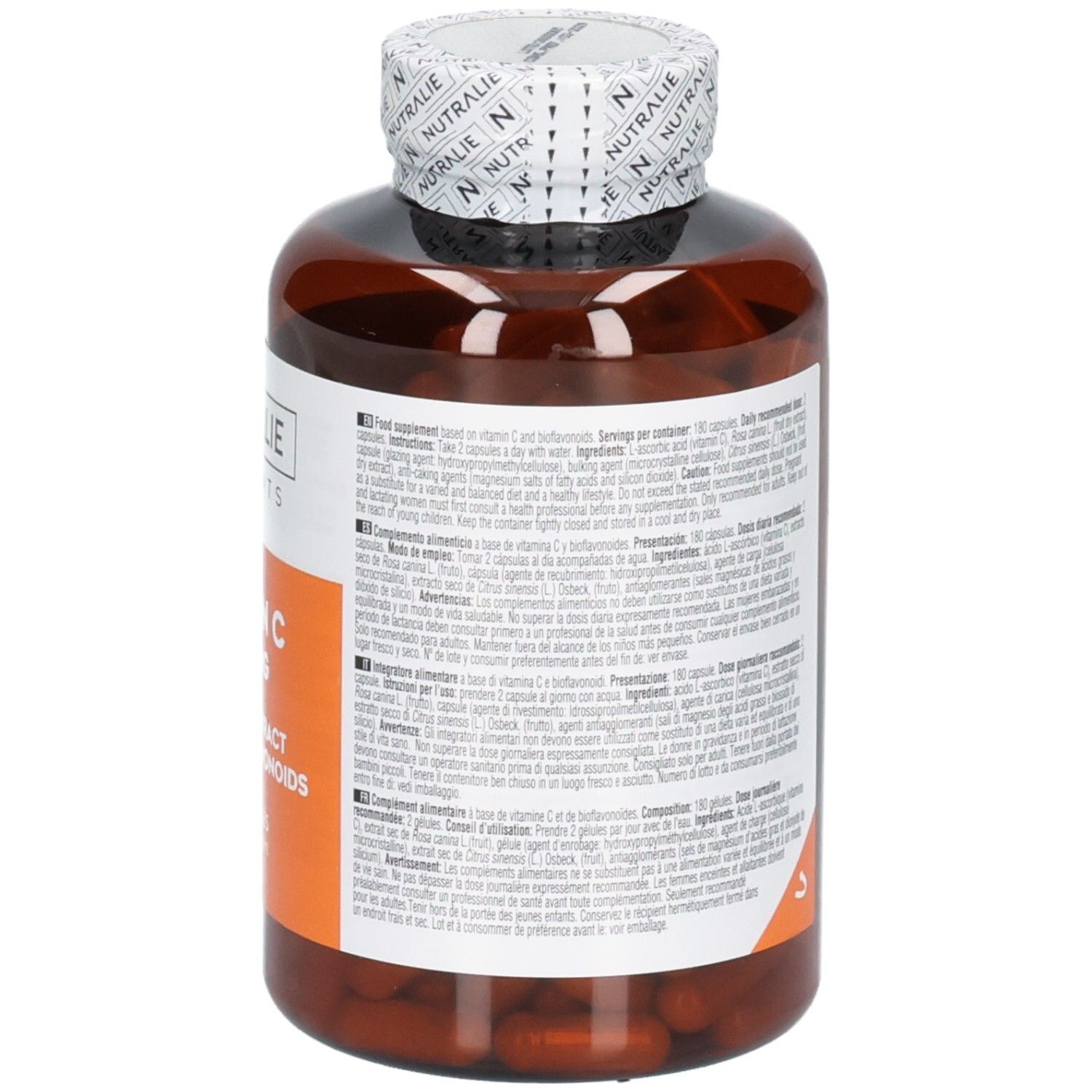 Arrière d'une bouteille Nutralie Vitamine C 1000 mg avec des informations détaillées en plusieurs langues.