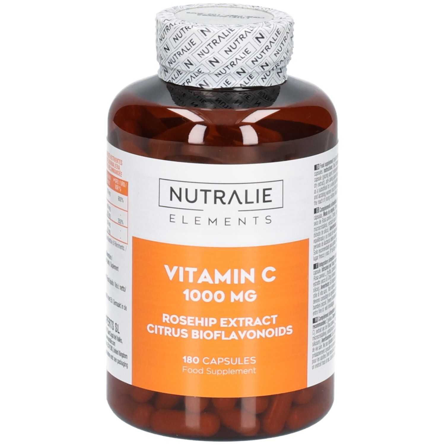 Bouteille Nutralie Vitamine C 1000 mg de 180 gélules, extrait de cynorhodon et bioflavonoïdes d'agrumes.