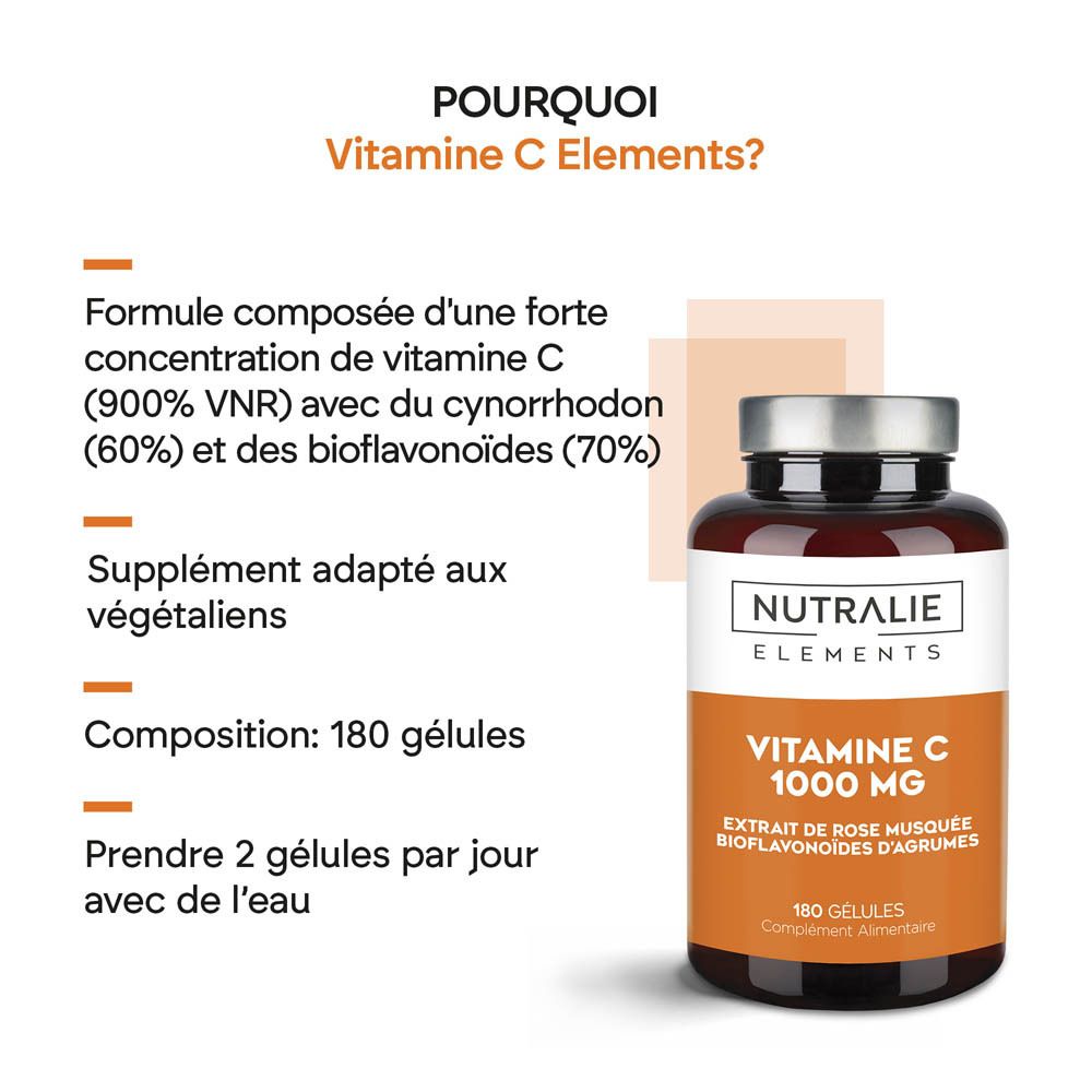 Vue latérale d'une bouteille Nutralie Vitamine C 1000 mg avec des informations détaillées sur l'étiquette.