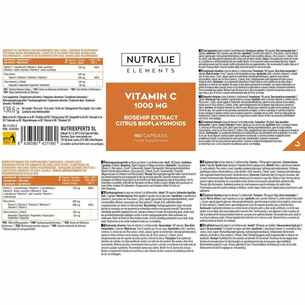 Bouteille Nutralie Vitamine C 1000 mg de 180 gélules, extrait de cynorhodon et bioflavonoïdes d'agrumes.