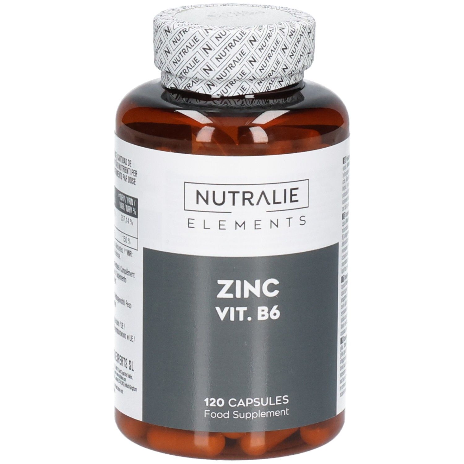 Bouteille brune de Nutralie Zinc Vit. B6, 120 gélules.