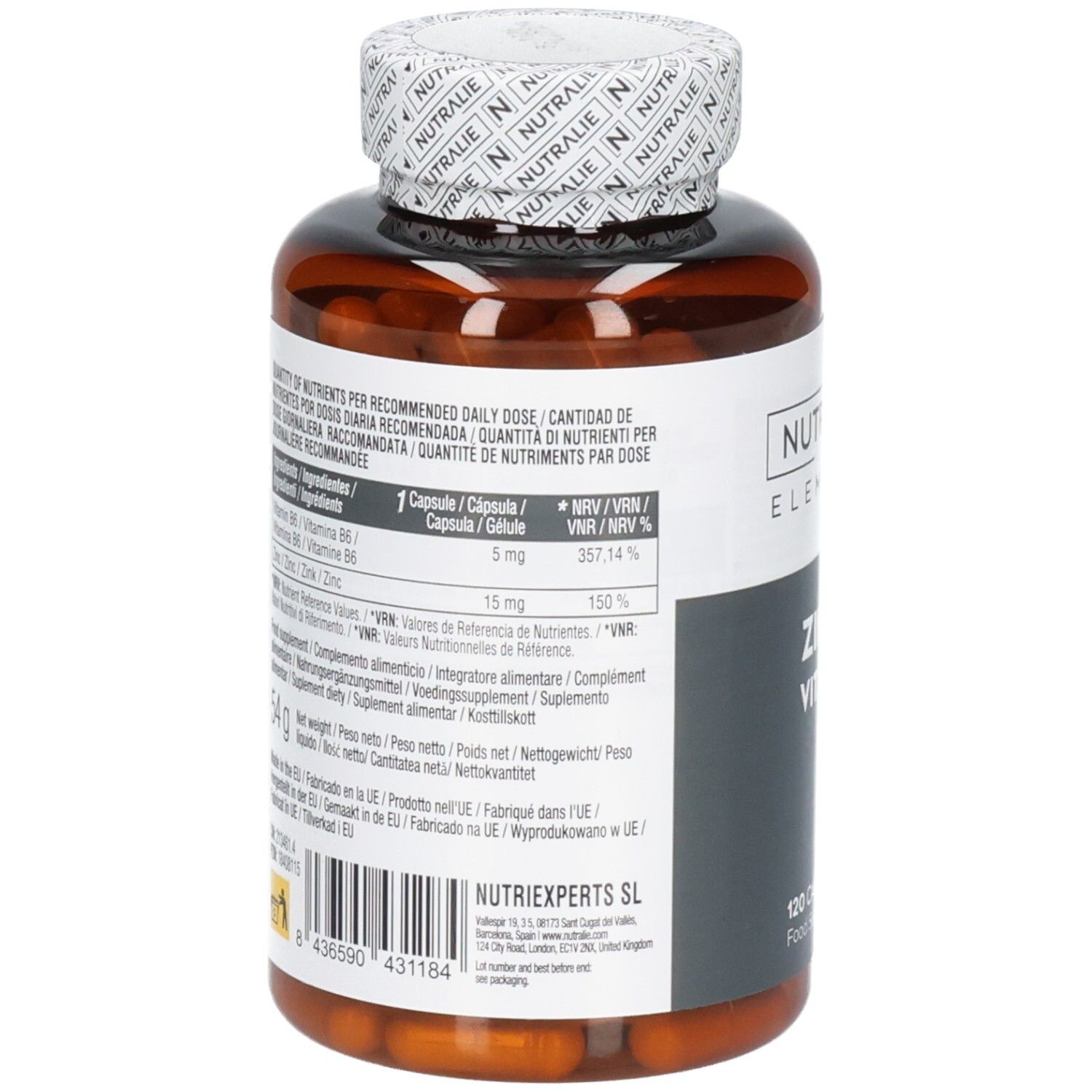 Arrière d'une bouteille Nutralie Zinc Vit. B6 avec informations nutritionnelles.