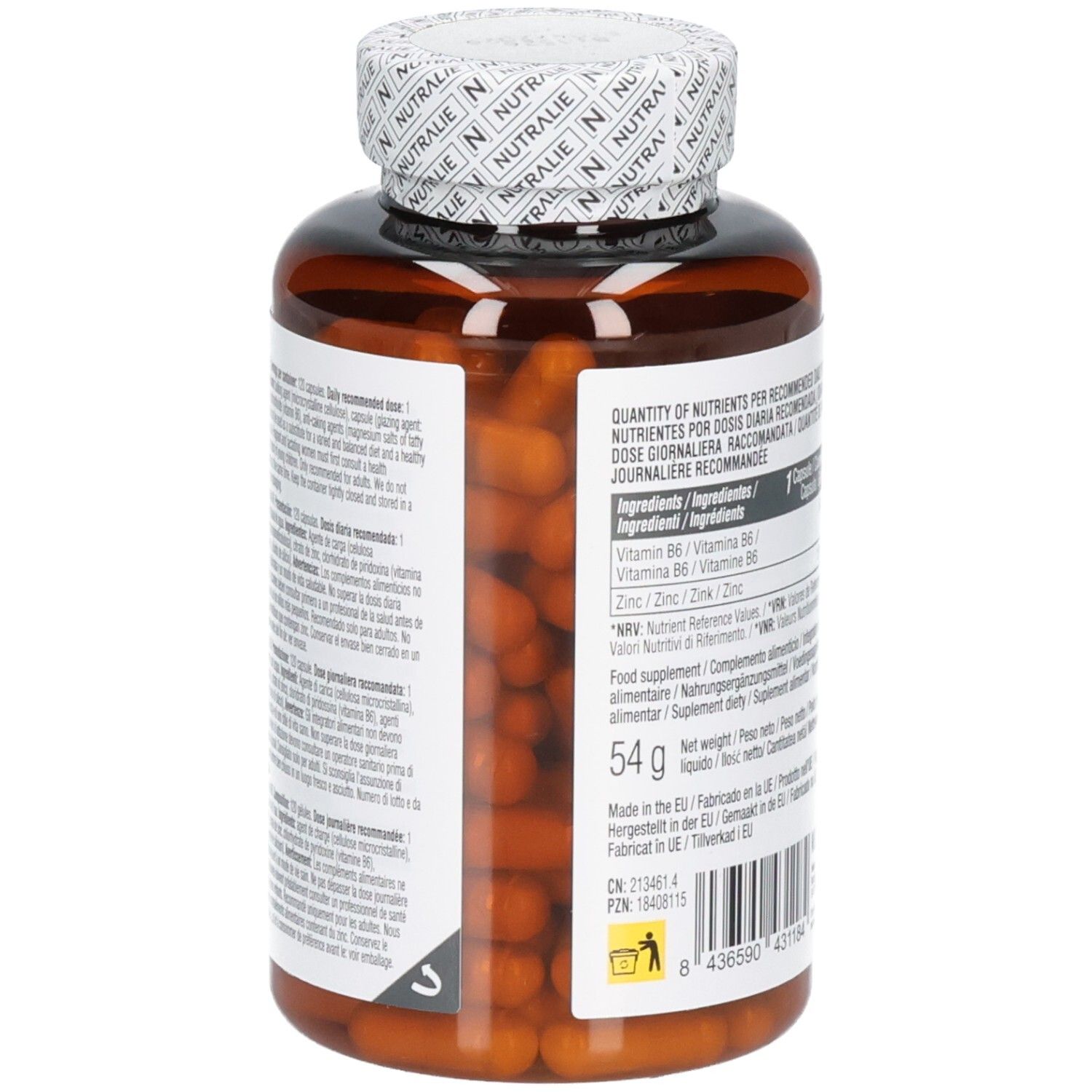 Vue latérale d'une bouteille Nutralie Zinc Vit. B6 avec indication de poids.
