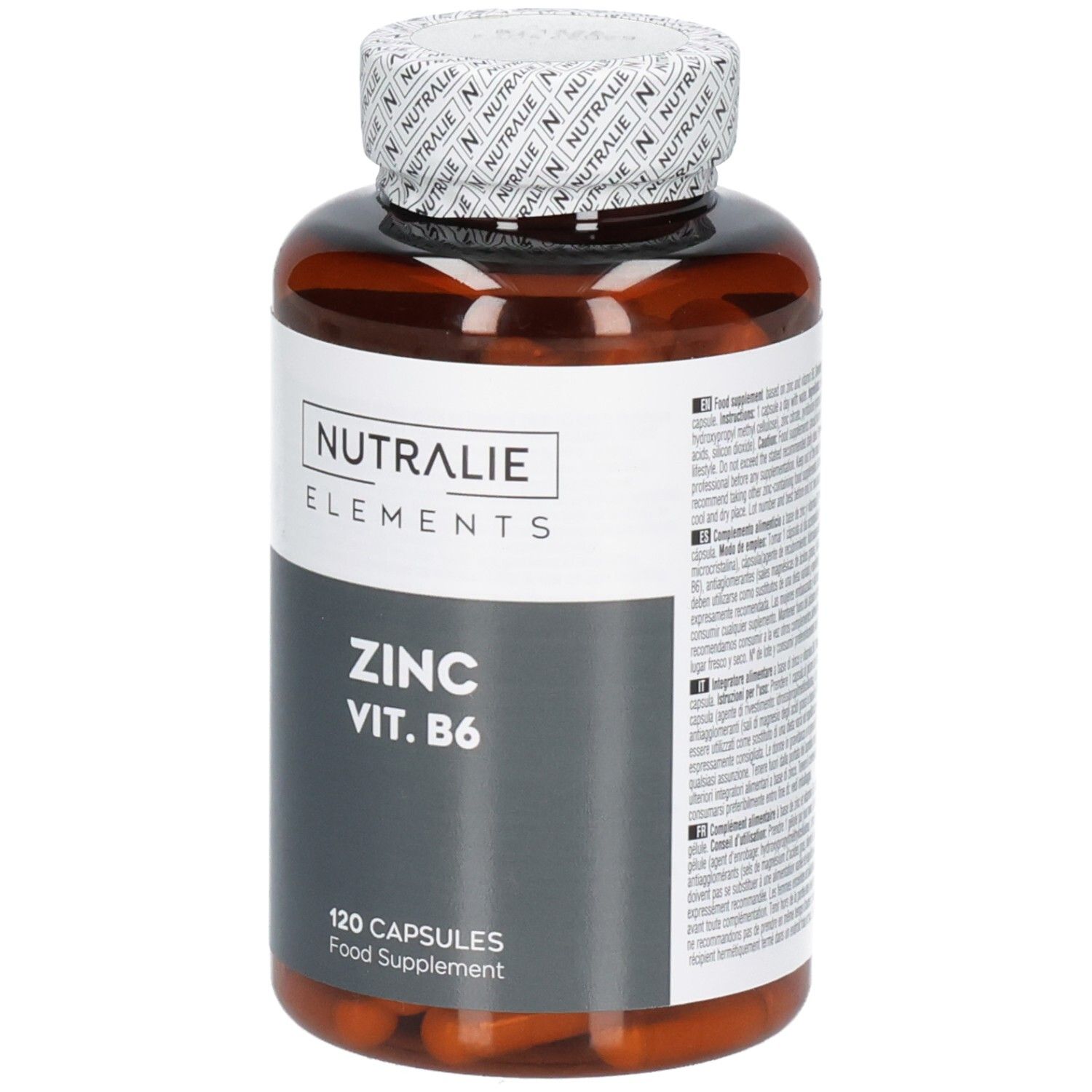 Bouteille brune Nutralie Zinc Vit. B6, 120 gélules, vue de face.