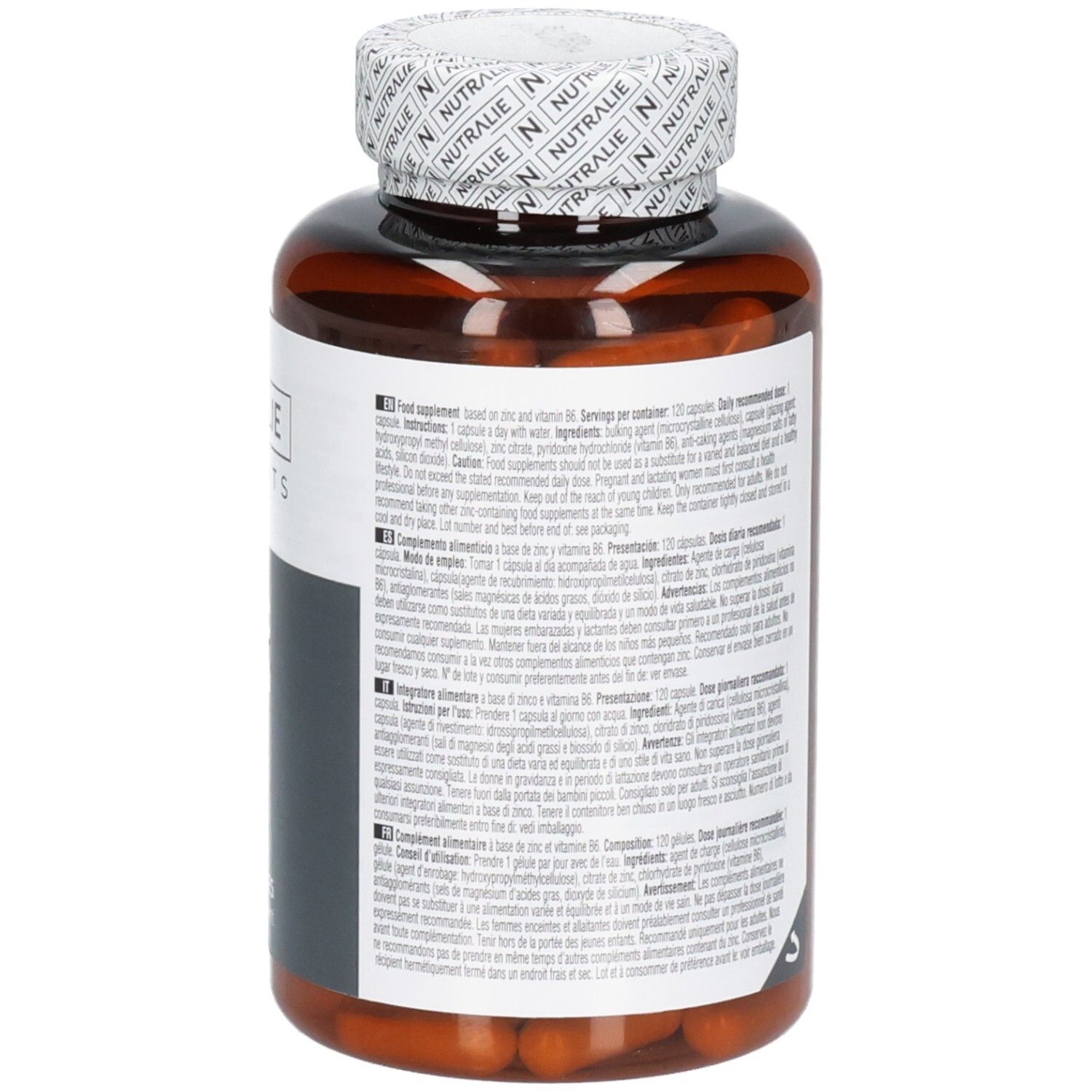 Arrière de la bouteille Nutralie Zinc Vit. B6 avec informations détaillées.