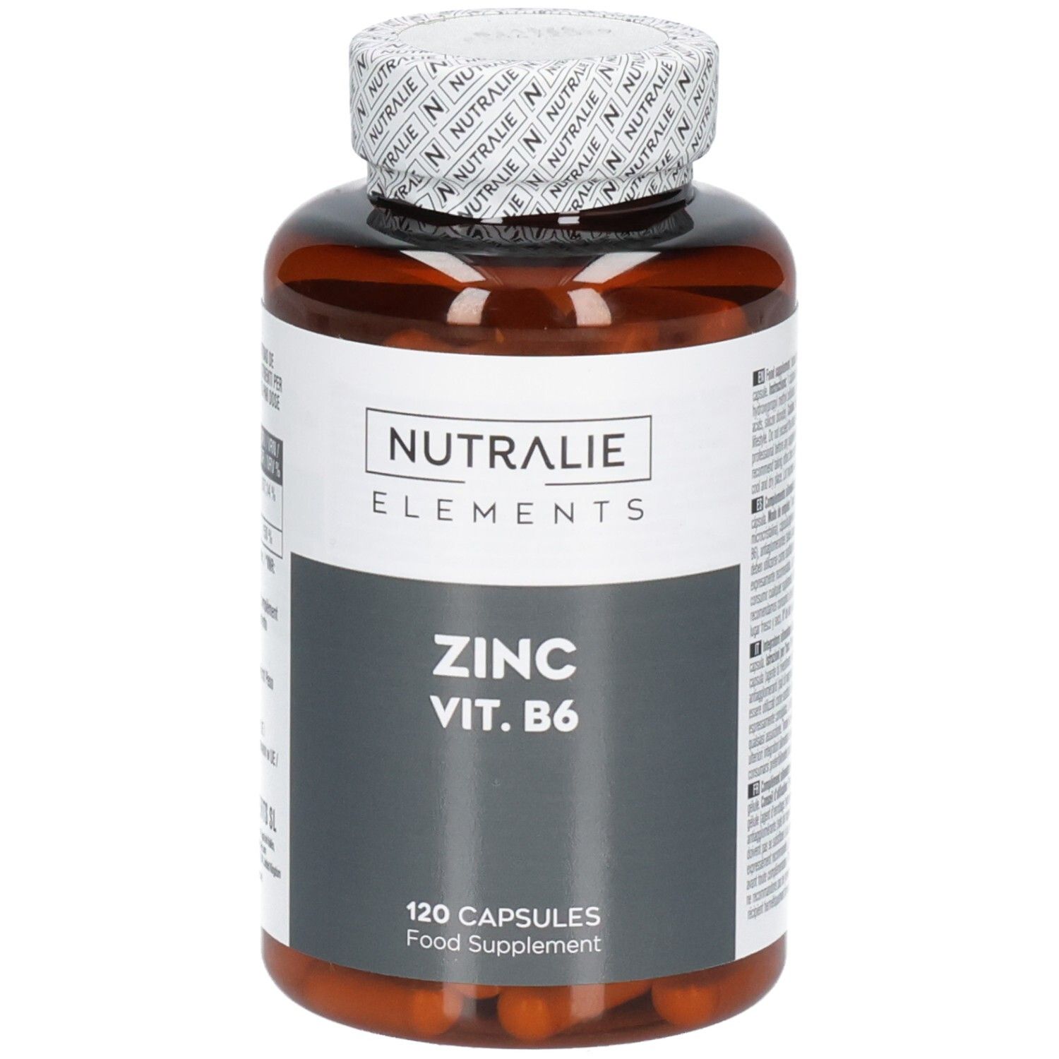Bouteille Nutralie Zinc Vit. B6, 120 gélules, légèrement inclinée de face.