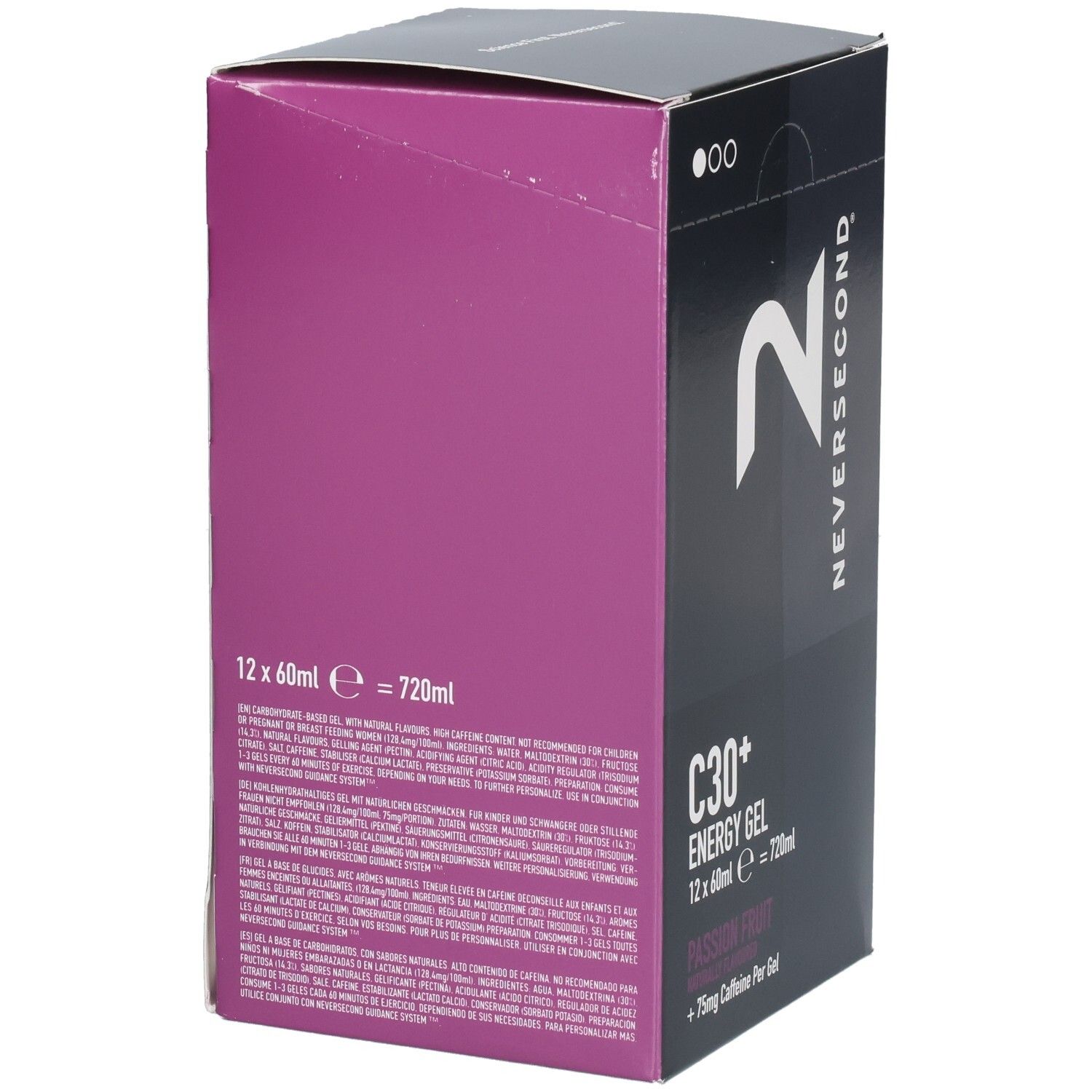 Côté de l'emballage pour Neversecond C30+ Energy Gel, Fruit de la passion, 12x60ml.