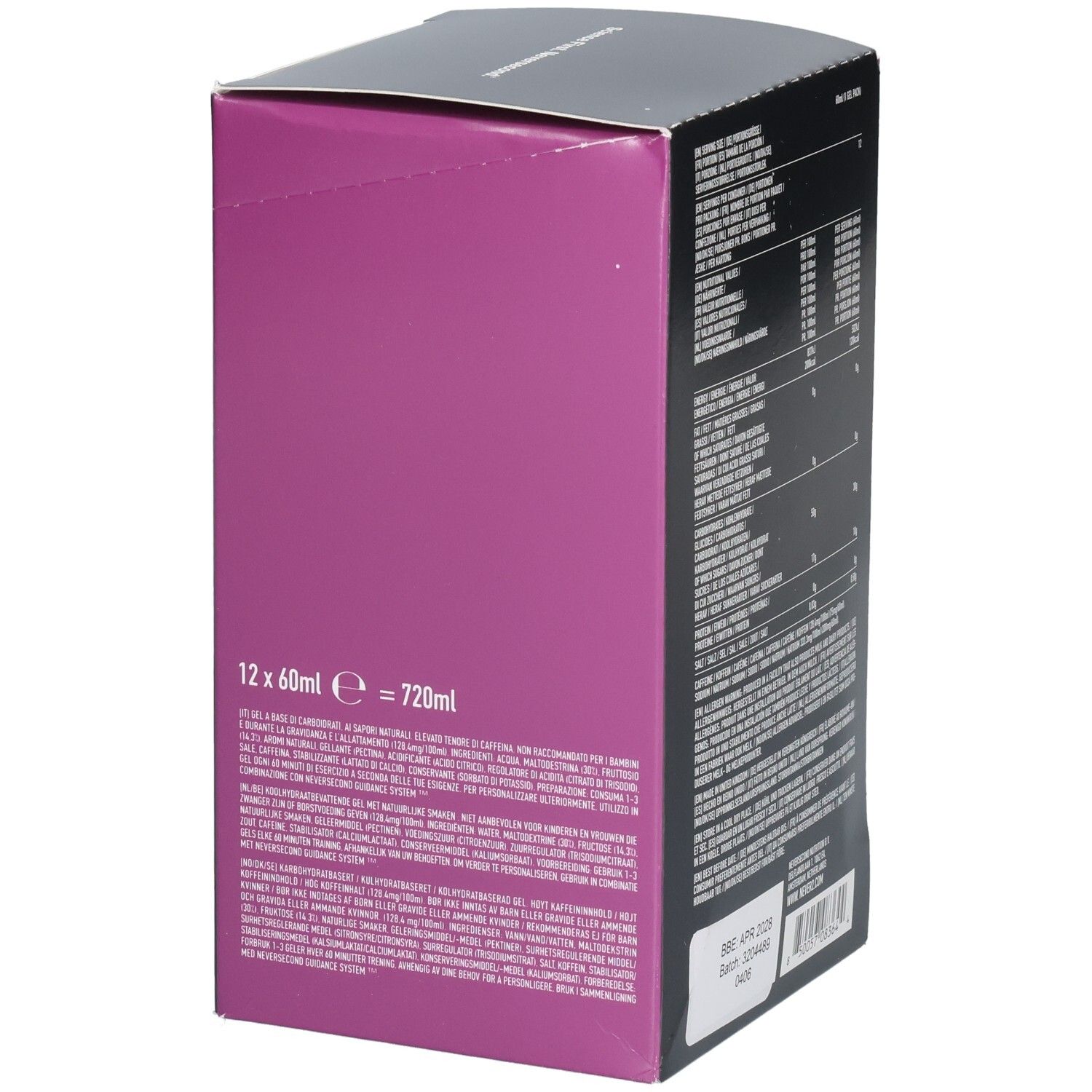 Côté de l'emballage pour Neversecond C30+ Energy Gel, Fruit de la passion, 12x60ml.