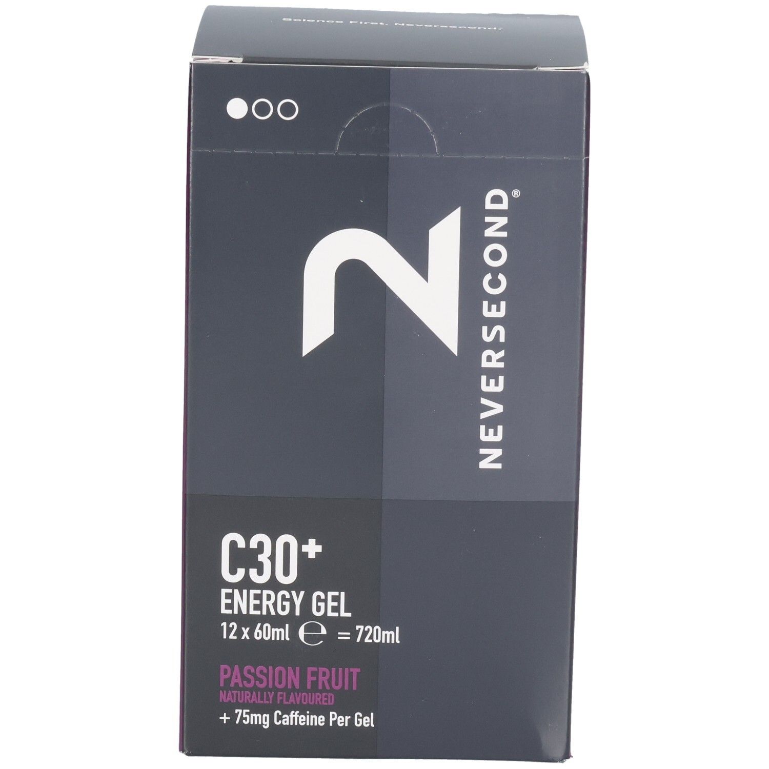 Avant de l'emballage pour Neversecond C30+ Energy Gel, Fruit de la passion, 12x60ml.