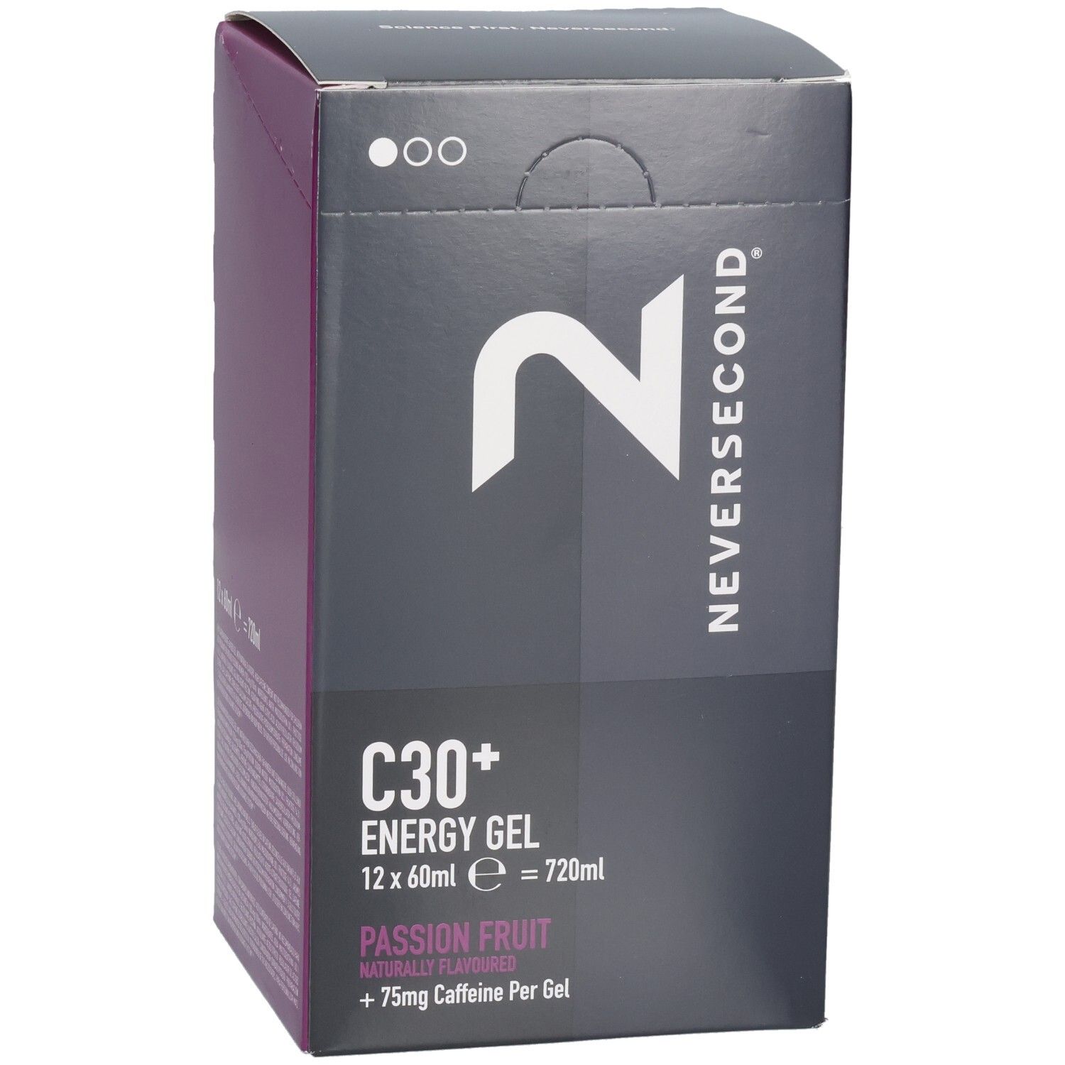 Avant de l'emballage pour Neversecond C30+ Energy Gel, Fruit de la passion, 12x60ml.