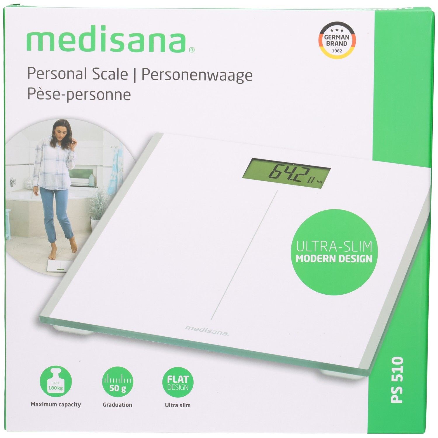 Balance personnelle blanche avec écran numérique (64.2 kg), design plat, verre de sécurité. "Ultra-Slim Modern Design".