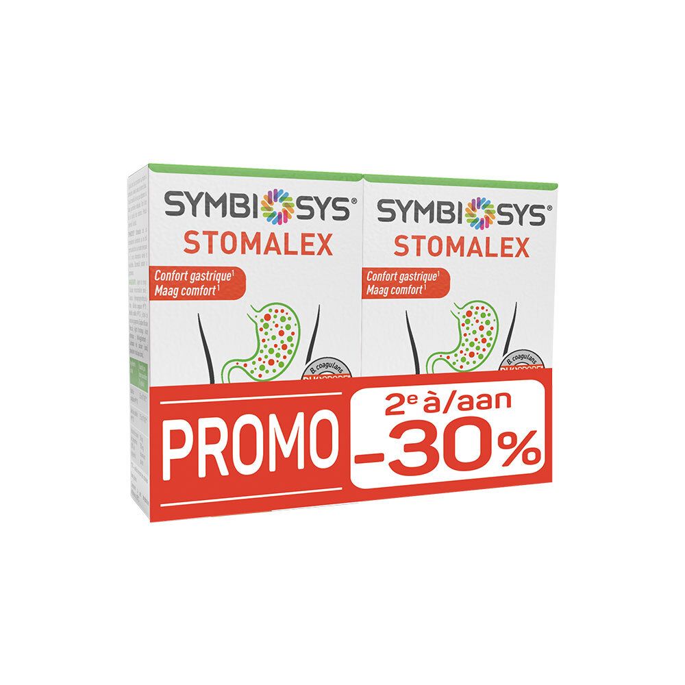 Deux boîtes SYMBIOSYS Stomalex avec illustration d'estomac et indication de promotion.