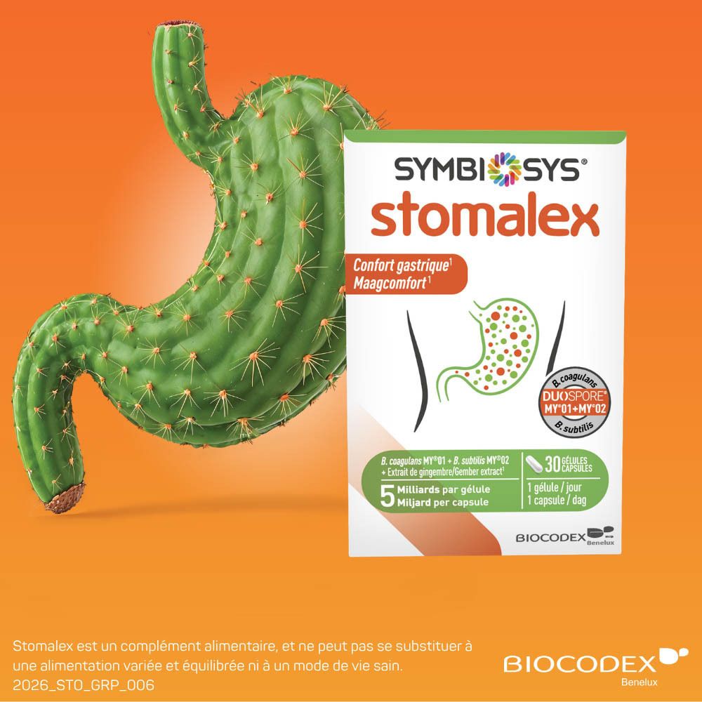 Vue latérale de deux boîtes SYMBIOSYS Stomalex avec informations produit.