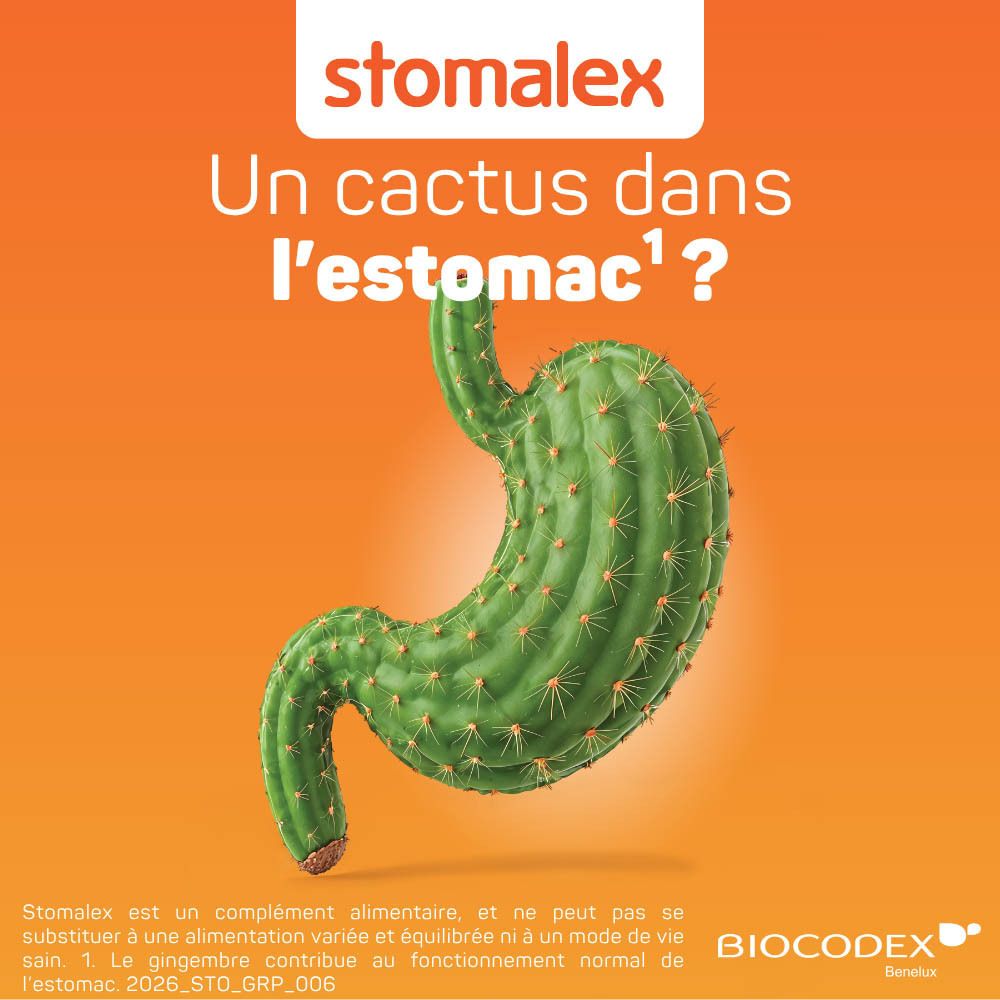 Vue latérale d'une boîte SYMBIOSYS Stomalex avec informations produit détaillées.