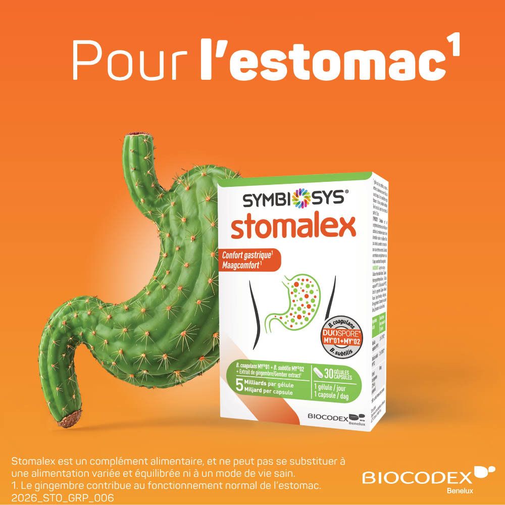 Deux boîtes SYMBIOSYS Stomalex avec illustration d'estomac et indication de promotion.