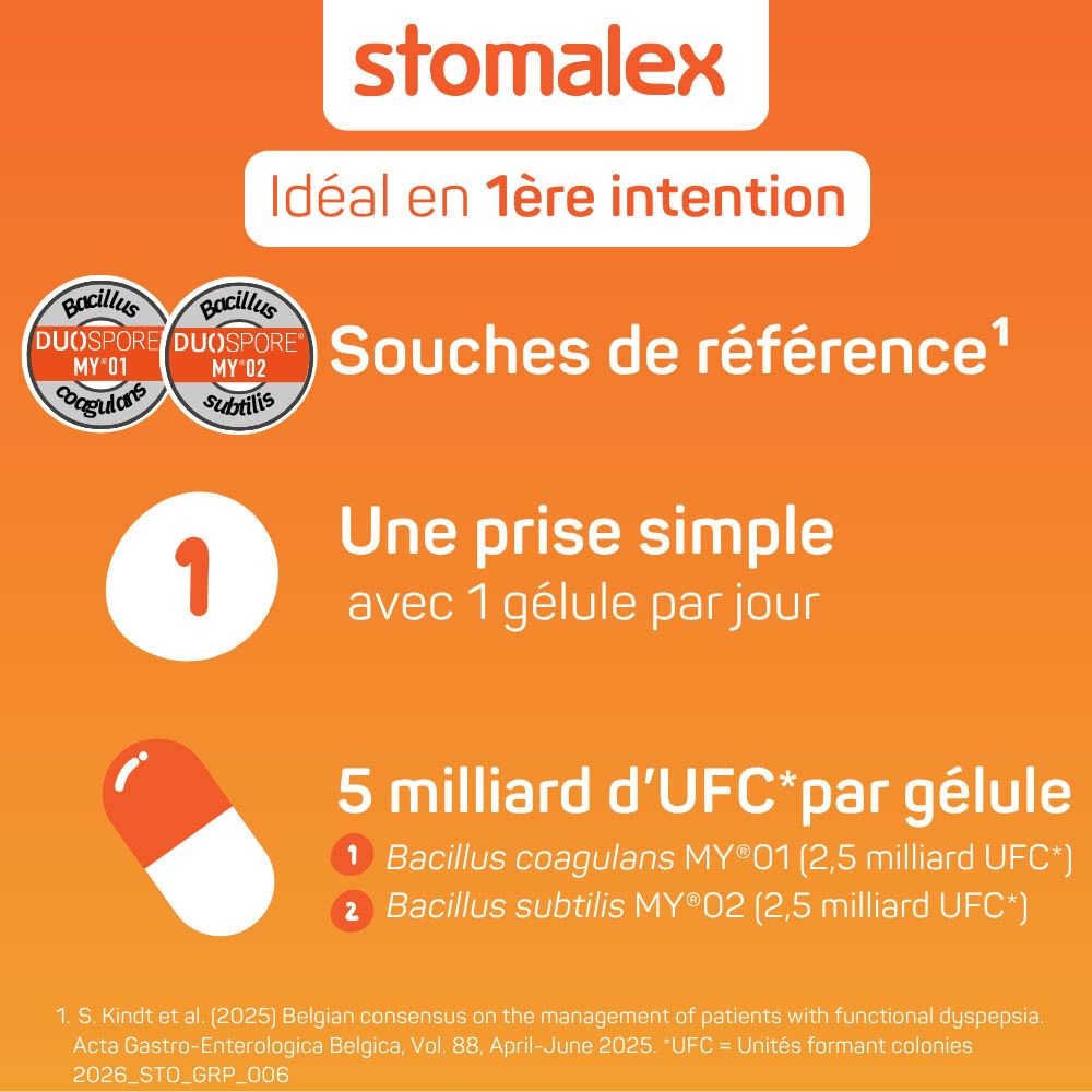 Deux boîtes SYMBIOSYS Stomalex avec illustration d'estomac et indication de promotion.