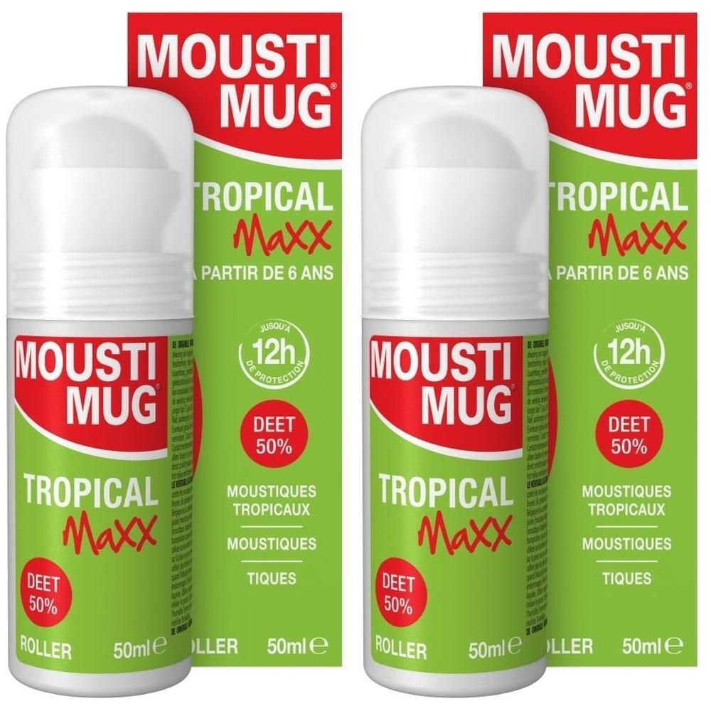 Deux Mousti Mug Tropical Maxx Roller (50ml) avec 50% DEET, pour enfants dès 6 ans.
