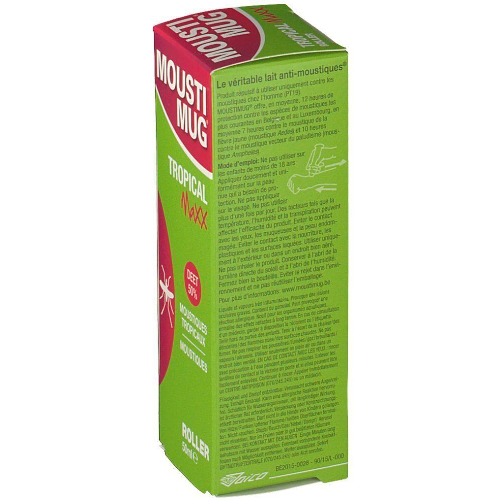 Arrière d'un paquet Mousti Mug Tropical Maxx Roller avec instructions d'utilisation.